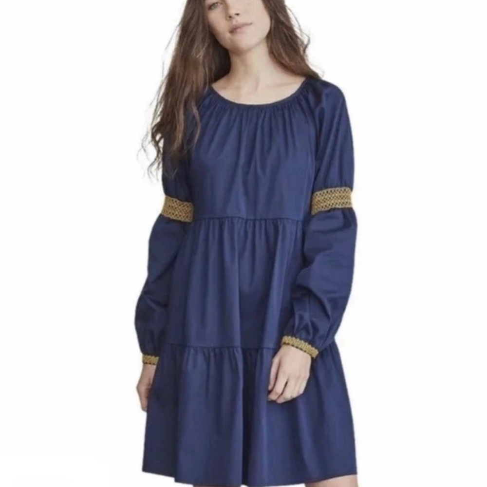 ELIZABETH AND JAMES Swing Dress Navy Blue Tiered Yellow Embroidered Babydoll